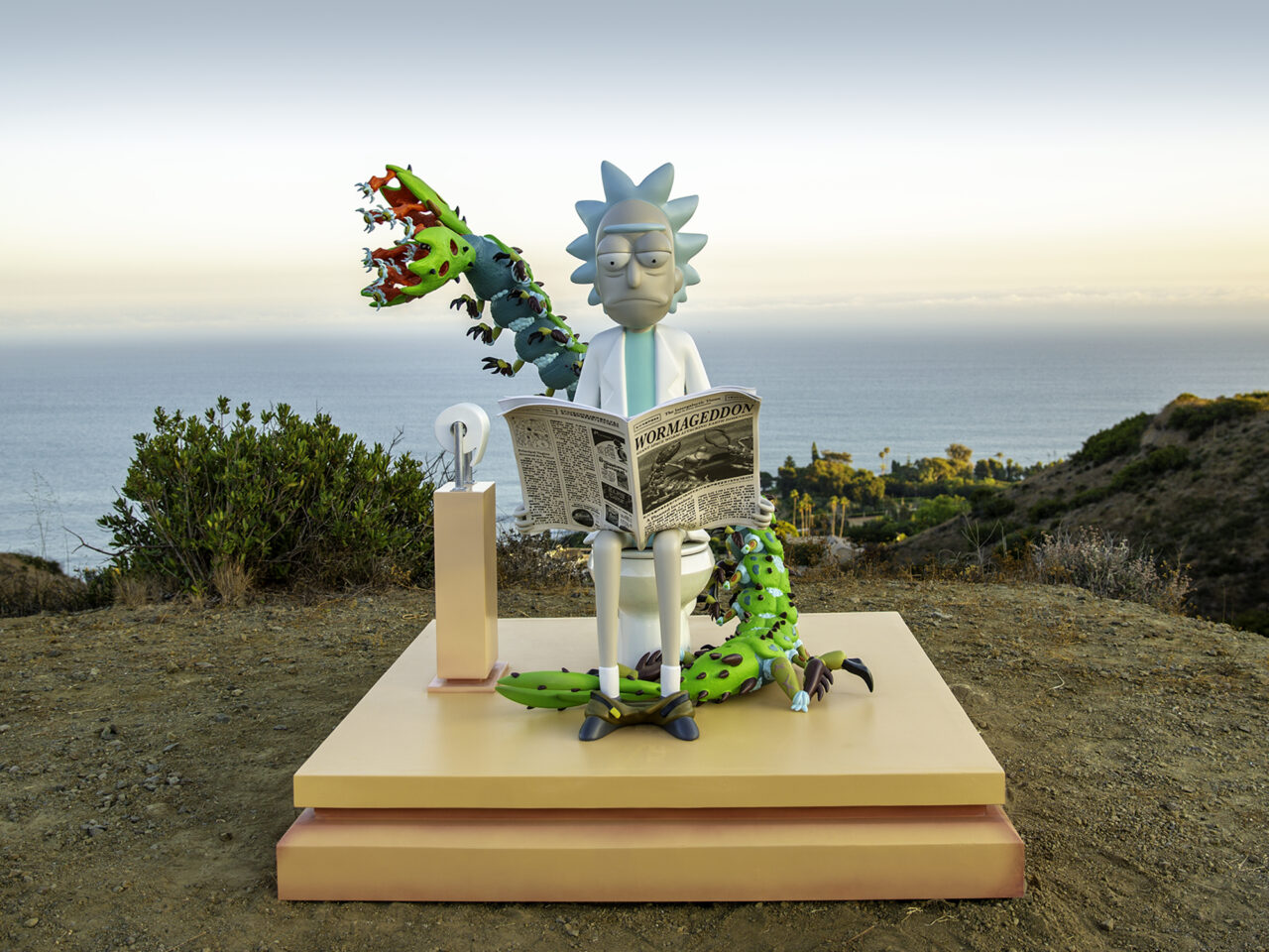 A sculpture of Rick and Morty character Rick Sanchez in Malibu, CA. The scene is part of the ongoing #WORMAGEDDON fan experience leading to the global release of Adult Swim’s Rick and Morty season six starting September 4, 2022. (Courtesy Adult Swim)
