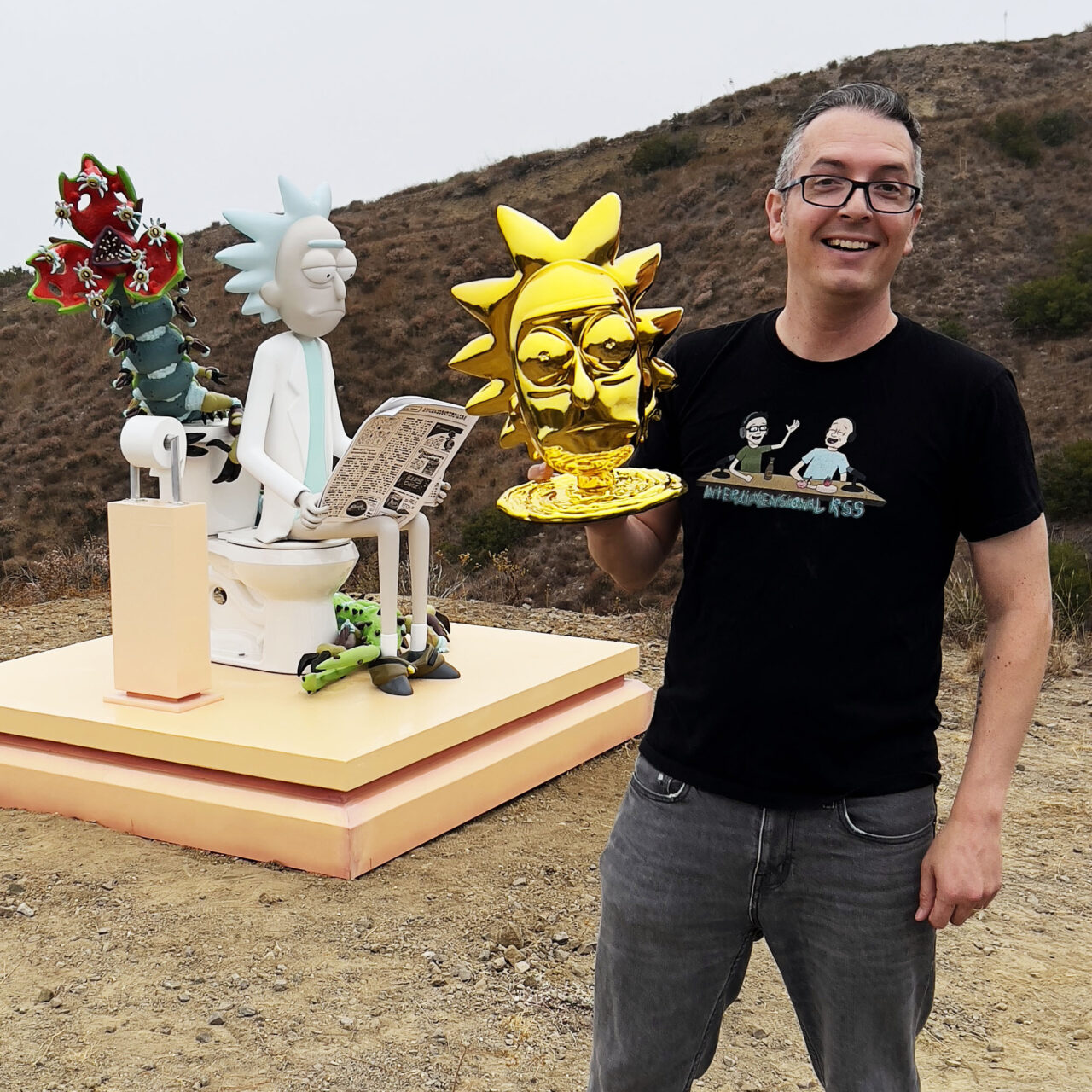 A sculpture of Rick and Morty character Rick Sanchez in Malibu, CA. The scene is part of the ongoing #WORMAGEDDON fan experience leading to the global release of Adult Swim’s Rick and Morty season six starting September 4, 2022. (Courtesy Adult Swim)