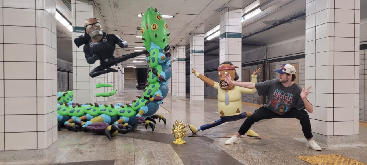 A sculpture of Rick and Morty character Mr. Goldenfold at the Lower Bay Station in Toronto, Canada. The scene is part of the ongoing #WORMAGEDDON fan experience leading to the global release of Adult Swim’s Rick and Morty season six starting September 4, 2022. (Courtesy Adult Swim)